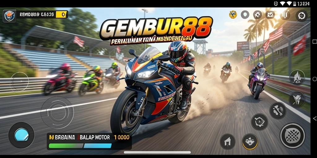Tampilan gameplay seru balap motor GEMBUR88 di lintasan.
