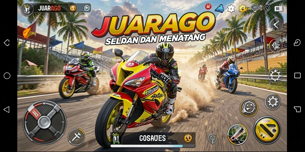 Tampilan gameplay JUARAGO yang seru dan menantang dalam balapan motor.