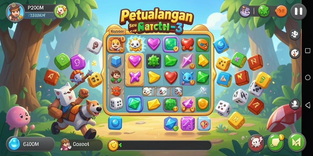 Screenshot P200M menampilkan aksi seru permainan Match-3 dengan visual menarik.